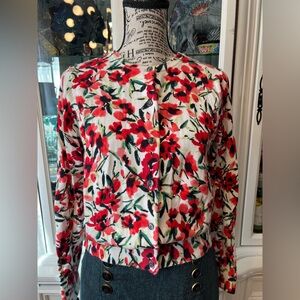 Lands' End Red-Green-Black Floral Print Cardigan Sweater S 6-8
